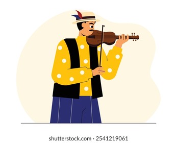 Homem com bigode tocando instrumento musical tradicional de uma tribo cigana, ilustração vetorial cigana.