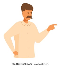 Man with a mustache is pointing with his finger to the side while looking serious
