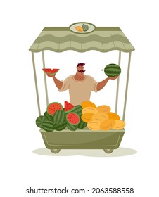 Сharming man with mustache sells watermelons and melons at a kiosk on the street. Vector isolated color illustration in cartoon style.