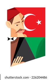 A man with a mustache in a suit on a couch, in fez, on the background the Turkish flag