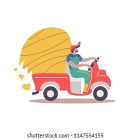 Man with a mustache is transporting hay on a motor scooter. Farmer. Haying time. Vector.