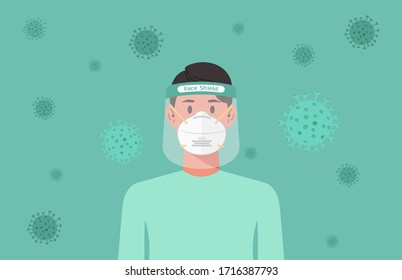 Mann mit n95-Maske und Gesichtsschild zum Schutz vor Virusausbreitung, Grippevorbeugung, Koronavirus-Quarantänekonzept, Zeichenkartoon flache Vektorillustration