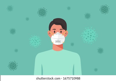 hombre con máscara n95 para proteger de la propagación del virus, prevención de la gripe, concepto de cuarentena del coronavirus, caricatura ilustración vectorial plana