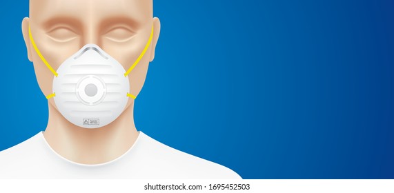 Hombre con mascarilla médica N95, de pie sobre un fondo azul. Captura de pantalla de una persona, con una máscara de protección antivirus en su cara. Diseño vectorial de banner sanitario.