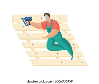 Man with nail gun. Quick connection planks and wooden planks. Uniformed craftsman fixes bed frame. Professional repair with guarantee. Modern power tools for highspeed work. Vector flat illustration