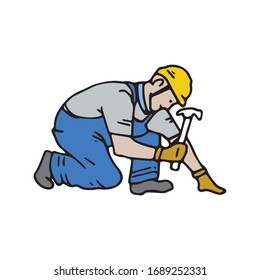 Hombre clavando y construyendo con martillo en su dibujo de mano. Persona de rodillas haciendo un trabajo y martilleando, ilustración dibujada a mano. Humano en la imagen del trabajo artístico. 