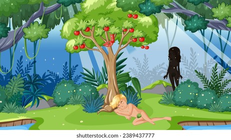 A man named Adam peacefully sleeps under an apple tree from the Adam and Eve story in the Bible