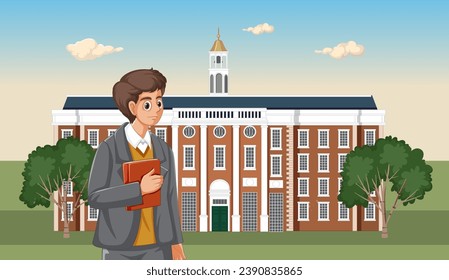 A man named Oppenheimer standing in front of Harvard University Hall holding a book