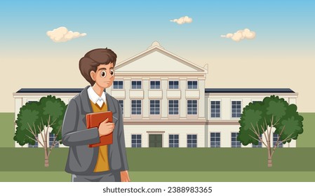 A man named Oppenheimer stands in front of Gottingen University Hall holding a book