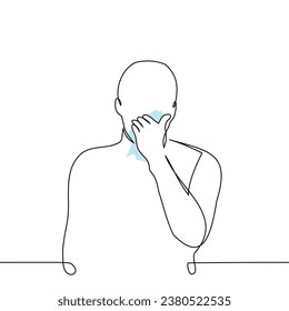 man with a napkin in his hand blows his nose - one line art vector. concept runny nose, sneezing, cough