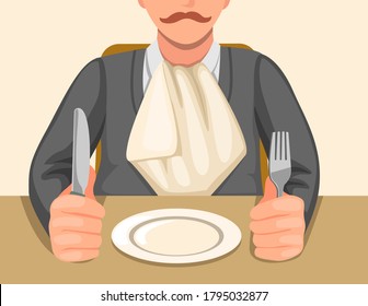 Man With Napkin Tucked In Collar Sitting In Table Holding Knife And Fork Ready To Eat In Cartoon Illustration Vector