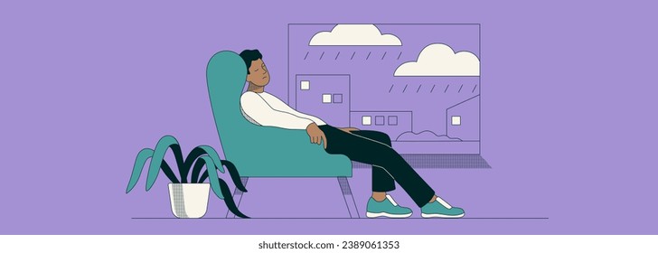 A man is napping on a chair. Cloudy weather for sleep. Man sleeping tired. Horizontal banner. Header for your website. Vector illustration in flat minimalistic style. Relaxing character, rainy weather