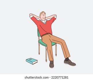 Un hombre dando una siesta en una silla de madera. Ilustraciones de diseño vectorial de estilo dibujado a mano.