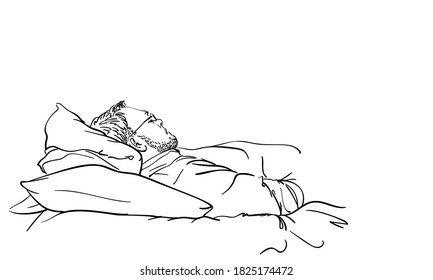 Man naps on two pillows at home. Vector drawing of upper body bearded male person with eyeglasses and clothes. Incorrect sleeping posture concept. Hand drawn illustration Black line sketch on white