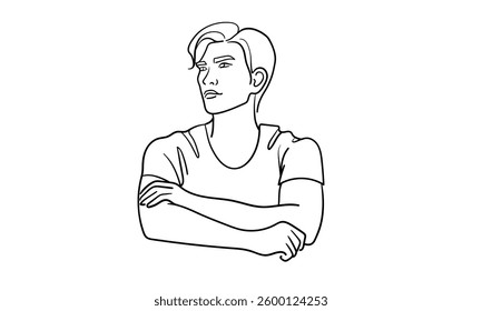 Man is a narcissist, admires himself on white background  
Line art drawing. Guy asian model. Vector illustration