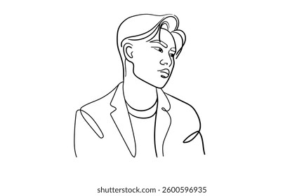 Man is a narcissist, admires himself on white background  
Line art drawing. Guy asian model. Vector illustration
