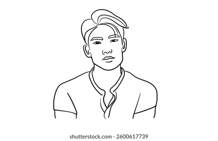 Man is a narcissist, admires himself on white background  
Line art drawing. Guy asian model. Vector illustration