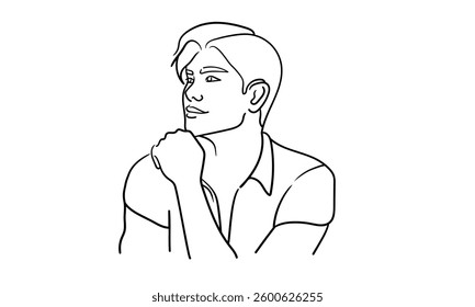 Man is a narcissist, admires himself on white background  
Line art drawing. Guy asian model. Vector illustration