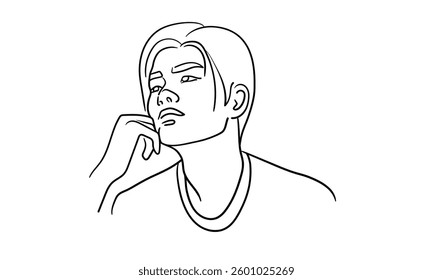 Man is a narcissist, admires himself on white background  
Line art drawing. Guy asian model. Vector illustration