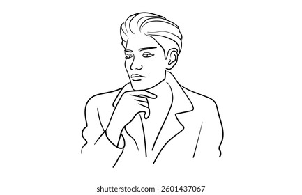 Man is a narcissist, admires himself on white background  
Line art drawing. Guy asian model. Vector illustration