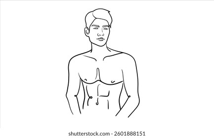 Man is a narcissist, admires himself on white background  
Line art drawing. Guy asian model. Vector illustration