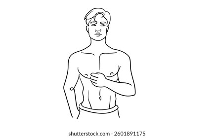 Man is a narcissist, admires himself on white background  
Line art drawing. Guy asian model. Vector illustration