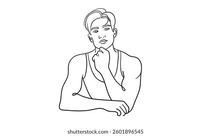 Man is a narcissist, admires himself on white background  
Line art drawing. Guy asian model. Vector illustration