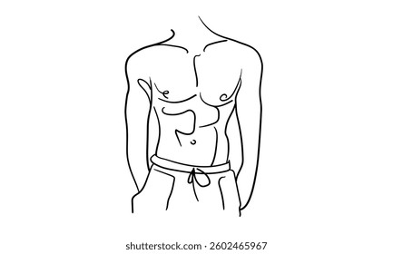 Man is a narcissist, admires himself on white background  
Line art drawing. Sport guy asian model. Vector illustration