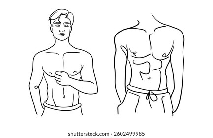 Man is a narcissist, admires himself on white background  
Line art drawing. Sport guy asian model. Vector illustration