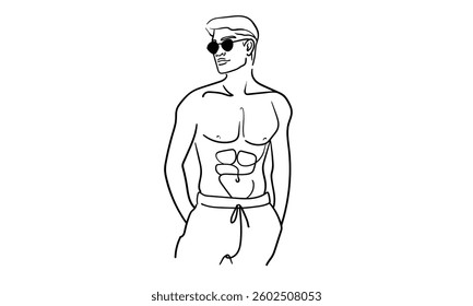 Man is a narcissist, admires himself on white background  
Line art drawing. Sport guy asian model. Vector illustration