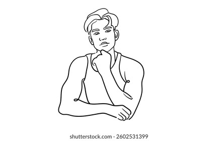 Man is a narcissist, admires himself on white background  
Line art drawing. Sport guy asian model. Vector illustration