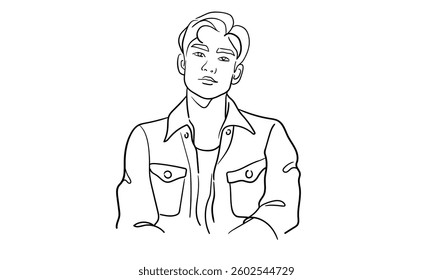 Man is a narcissist, admires himself on white background  
Line art drawing. Sport guy asian model. Vector illustration