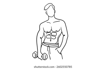 Man is a narcissist, admires himself on white background  
Line art drawing. Sport guy asian model. Vector illustration