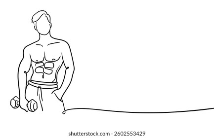 Man is a narcissist, admires himself on white background  
Line art drawing. Sport guy asian model. Vector illustration