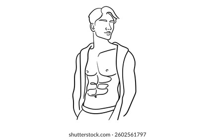 Man is a narcissist, admires himself on white background  
Line art drawing. Sport guy model. Vector illustration