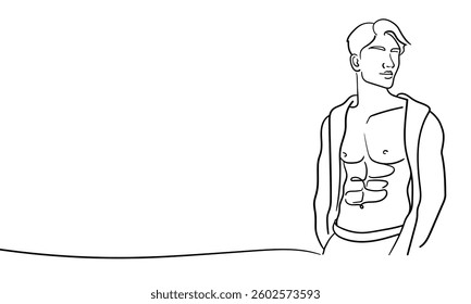 Man is a narcissist, admires himself on white background. Line art drawing. Sport guy model. Vector illustration
