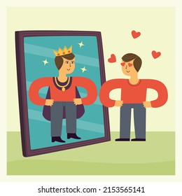 Man with Narcissistic personality disorder (NPD) looking at the mirror, his grandiose sense of self-importance make him think that he is a king