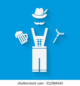 Man in national dress with beer mug and sausage. Oktoberfest beer festival concept in white and blue colors. vector illustration - eps 10