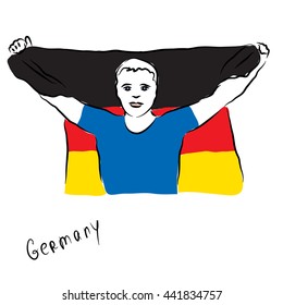 The man with the national flag of Germany in his hands. Fan. Freehand vector illustration.