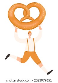 A man in a national German costume, holds a pretzel and runs. Vector illustration on white background.