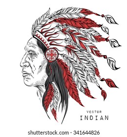 Man In The Native American Indian Chief. Black Roach. Indian Feather Headdress Of Eagle.  Hand Draw Vector Illustration