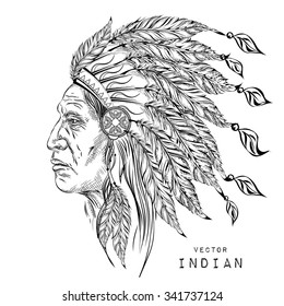 Man in the Native American Indian chief. Black roach. Indian feather headdress of eagle.  Hand draw vector illustration