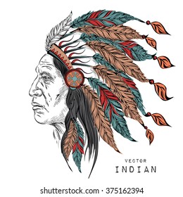 Man in the Native American Indian chief. Black roach. Indian feather headdress of eagle.  Hand draw vector illustration