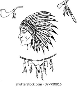 Man in the Native American Indian chief.  Indian feather headdress of eagle.  Hand draw vector illustration