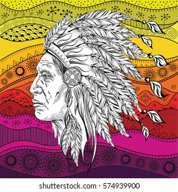 Man in the Native American Indian chief on  ethno pattern, tribal background. Indian feather headdress of eagle.  Hand draw vector illustration