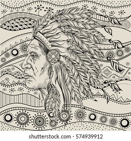 Man in the Native American Indian chief on  ethno pattern, tribal background. Indian feather headdress of eagle.  Hand draw vector illustration