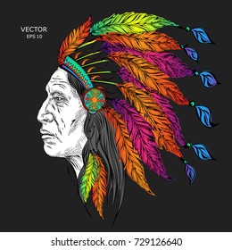 Man in the Native American Indian chief. Black roach. Indian feather headdress of eagle.  Hand draw vector illustration