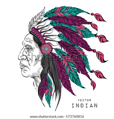 Man in the Native American Indian chief. Black roach. Indian feather headdress of eagle.  Hand draw vector illustration