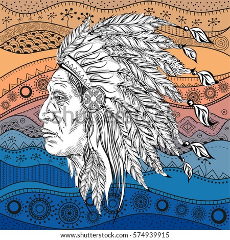 Man in the Native American Indian chief on  ethno pattern, tribal background. Indian feather headdress of eagle.  Hand draw vector illustration