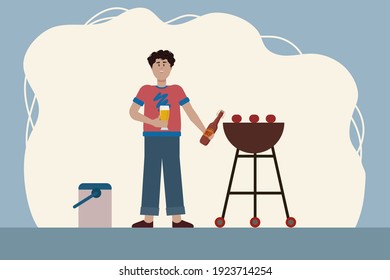 Man in nature BBQ with beer. The guy spends time with alcoholic beverages in nature. Vector illustration